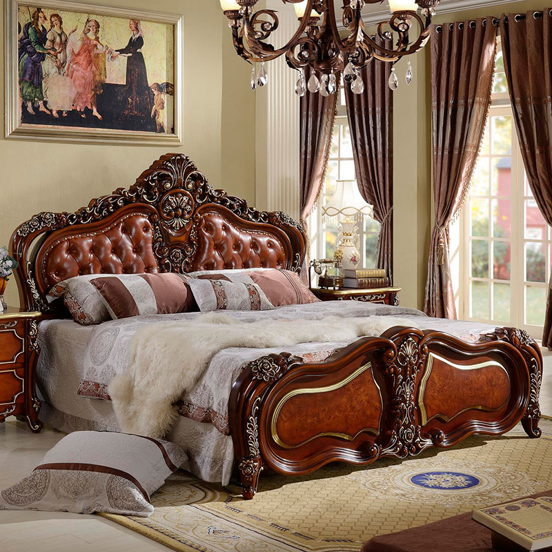 欧式床 实木床双人真皮床 1.8米红木色新古典美式卧室家具