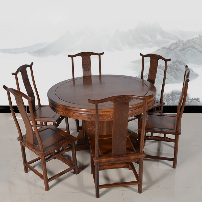 红木家具鸡翅木圆形餐桌椅组合 中式仿古实木餐台饭桌明清古典